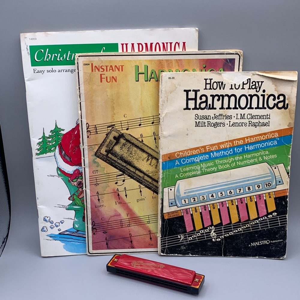 Vintage Learn How to Play the Harmonica Beginner Books Red Plastic Harmonica
